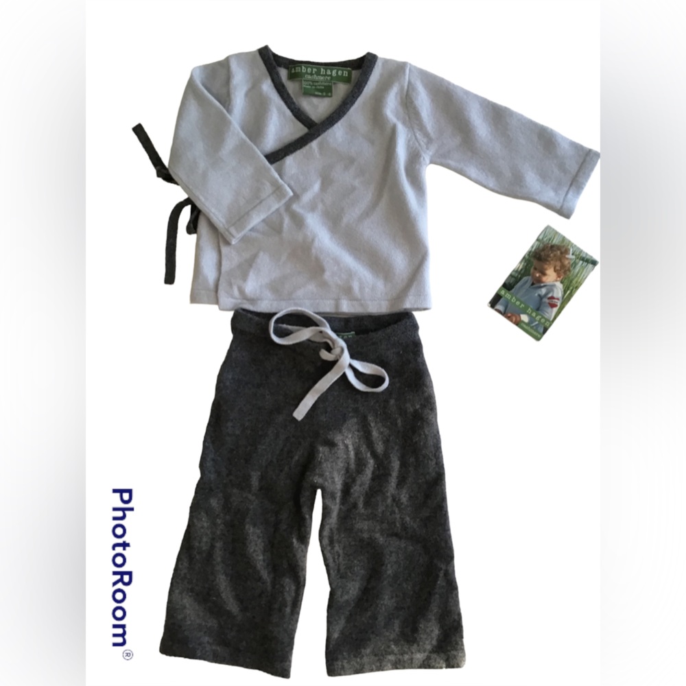 Amber Hagen BOY Infant LAYETTE KIMONO SET Blue Gray 3-6 months 100% Cashmere